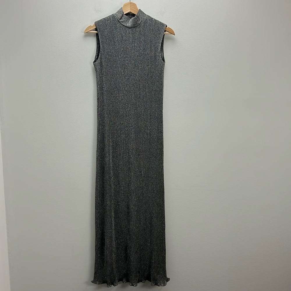 Vintage Ruth Walter Maxi Dress Black Silver Metallic Mock Neck Formal Stretchy - Picture 2 of 9